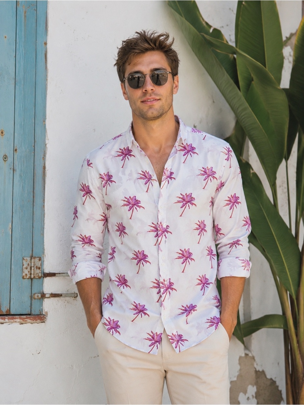 Bonobos Slim Fit Palm Tree Print Button Down Shirt Men’s M Beachwear Resort